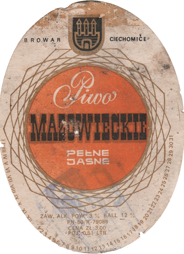 stempel w ramce "PN-66 zaw. alkoh.//(podkreślenie)//A-79098 pow. 3,3%//poj. 0,333 l. Cena 3,-zł"