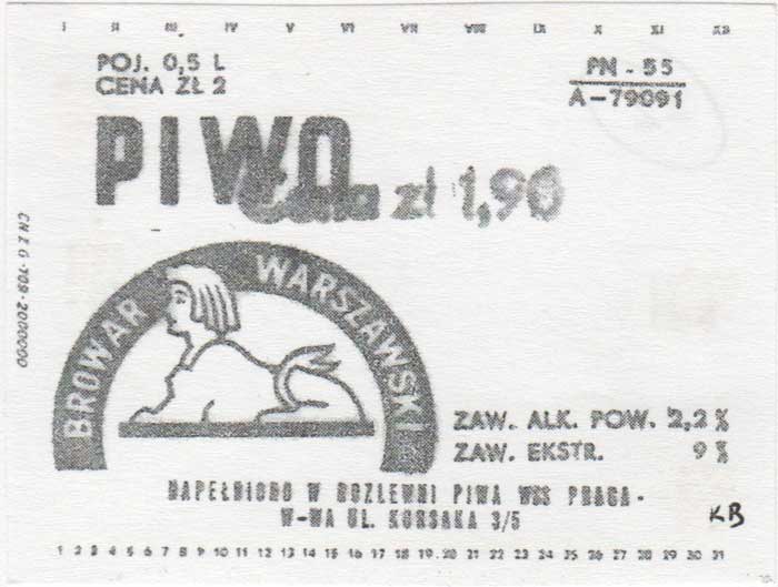 rozlewnia piwa WSS w Warszawie, ul. Korsaka 3/5
Dodatkowy stempel Cena zł 1,90