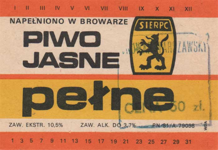 stempel w ramce "BROWAR WARSZAWSKI//CENA 50 zł",
260/87