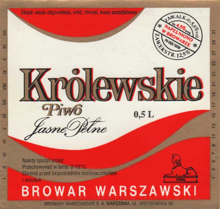 próba, w składzie kwas ascorbinowy, napisy "Królewskie", "BROWAR WARSZAWSKI" i sfinks wytłaczane, lakier