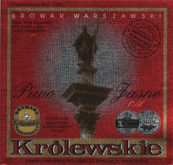 papier metalik z fakturą, w adresie nazwa "KRÓLEWSKIE'' (cudzysłów), inna czcionka opisów widoczna w alkoholu