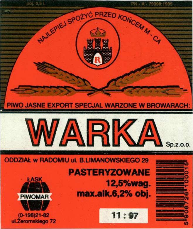 rozlewnia Piwomar Łask,
0,5 l, kod paskowy