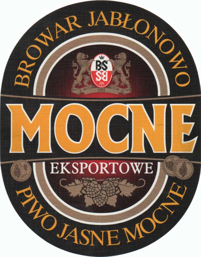 MOCNE żółte na czarnym tle, szeryfy do liter NE nachodzą na siebie (w MOCNE pisane po owalu)