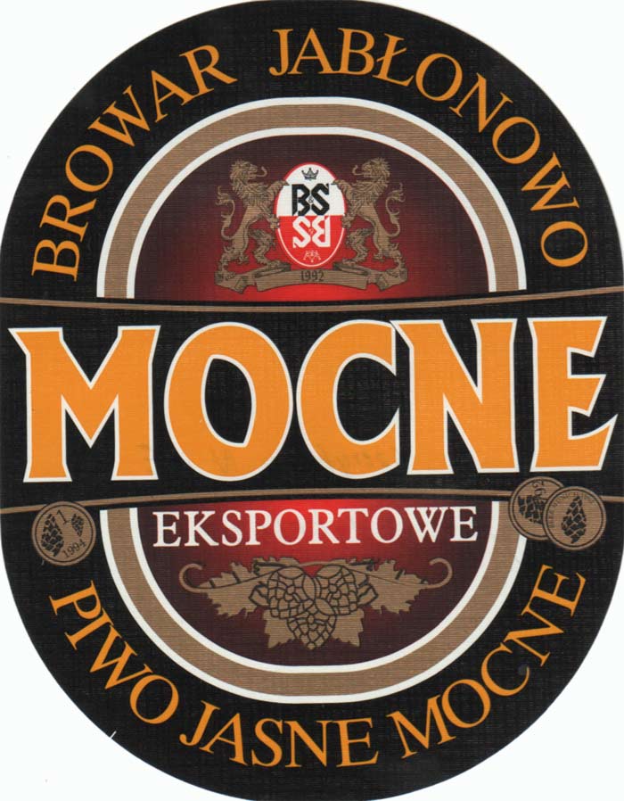 MOCNE żółte na czarnym tle, szeryfy do liter NE są styczne (w MOCNE pisane po owalu)